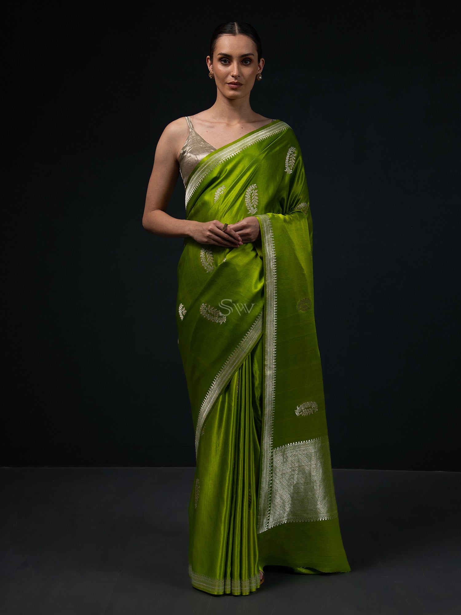 Parrot Green Boota Satin Silk Handloom Banarasi Saree - Sacred Weaves