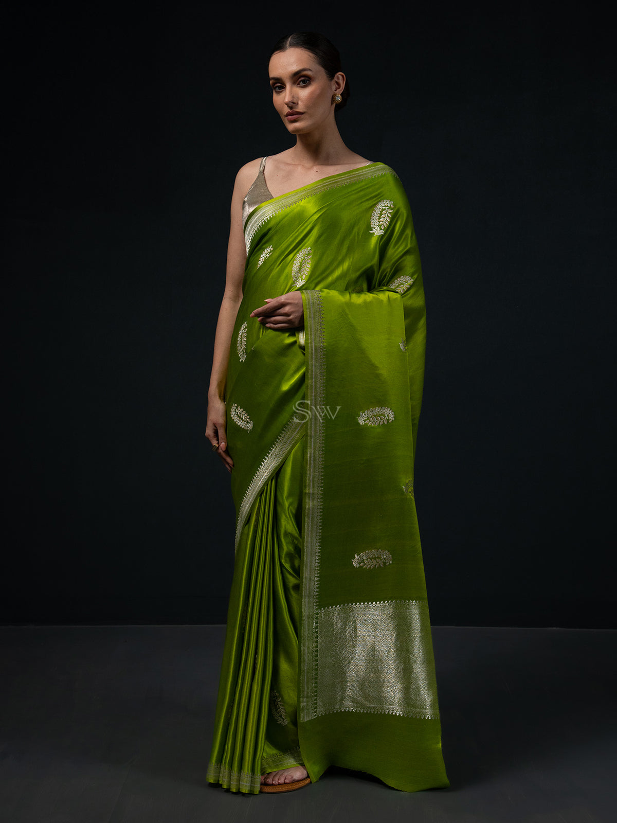 Parrot Green Boota Satin Silk Handloom Banarasi Saree - Sacred Weaves