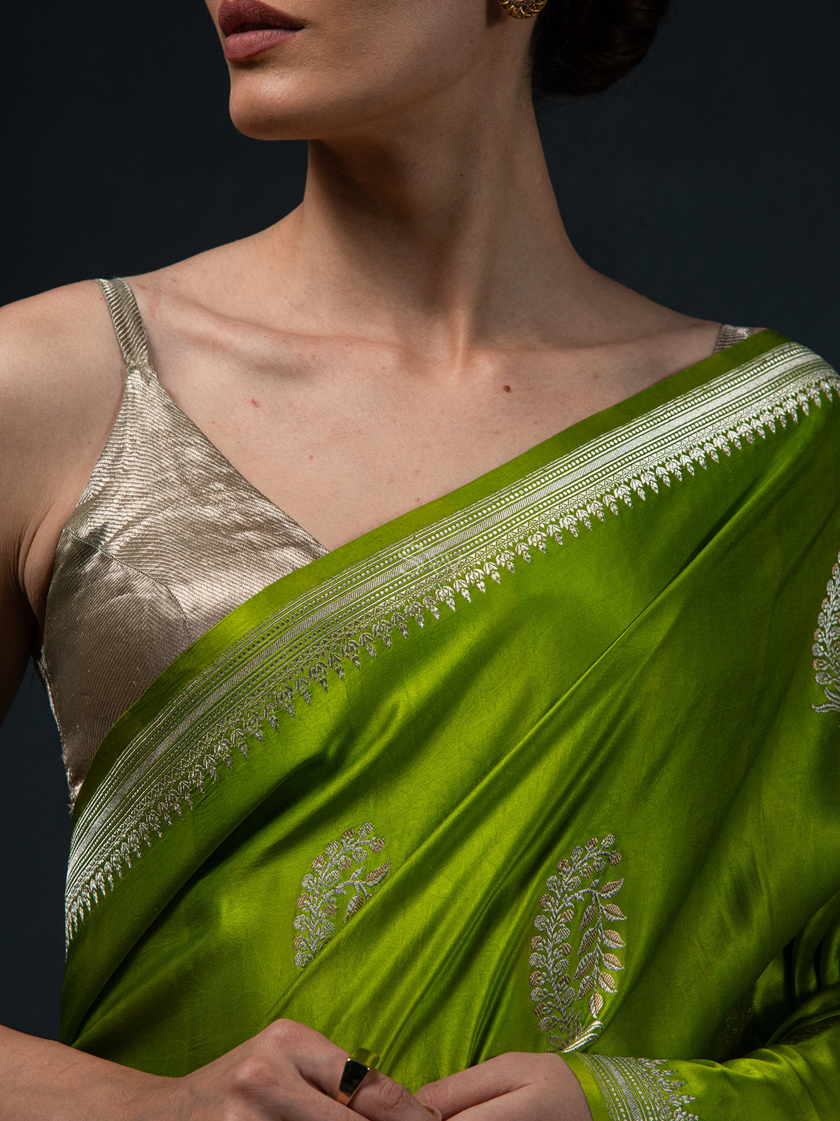 Parrot Green Boota Satin Silk Handloom Banarasi Saree - Sacred Weaves