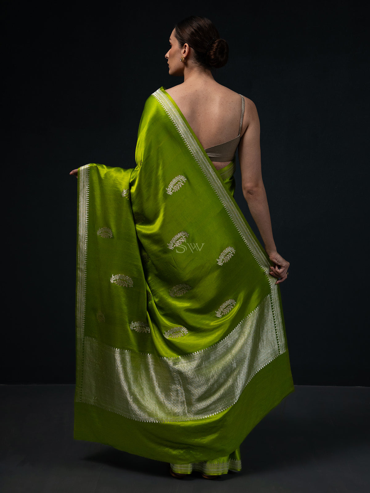 Parrot Green Boota Satin Silk Handloom Banarasi Saree - Sacred Weaves