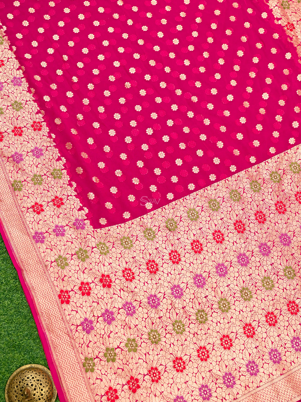 Dark Pink Booti Khaddi Georgette Handloom Banarasi Saree