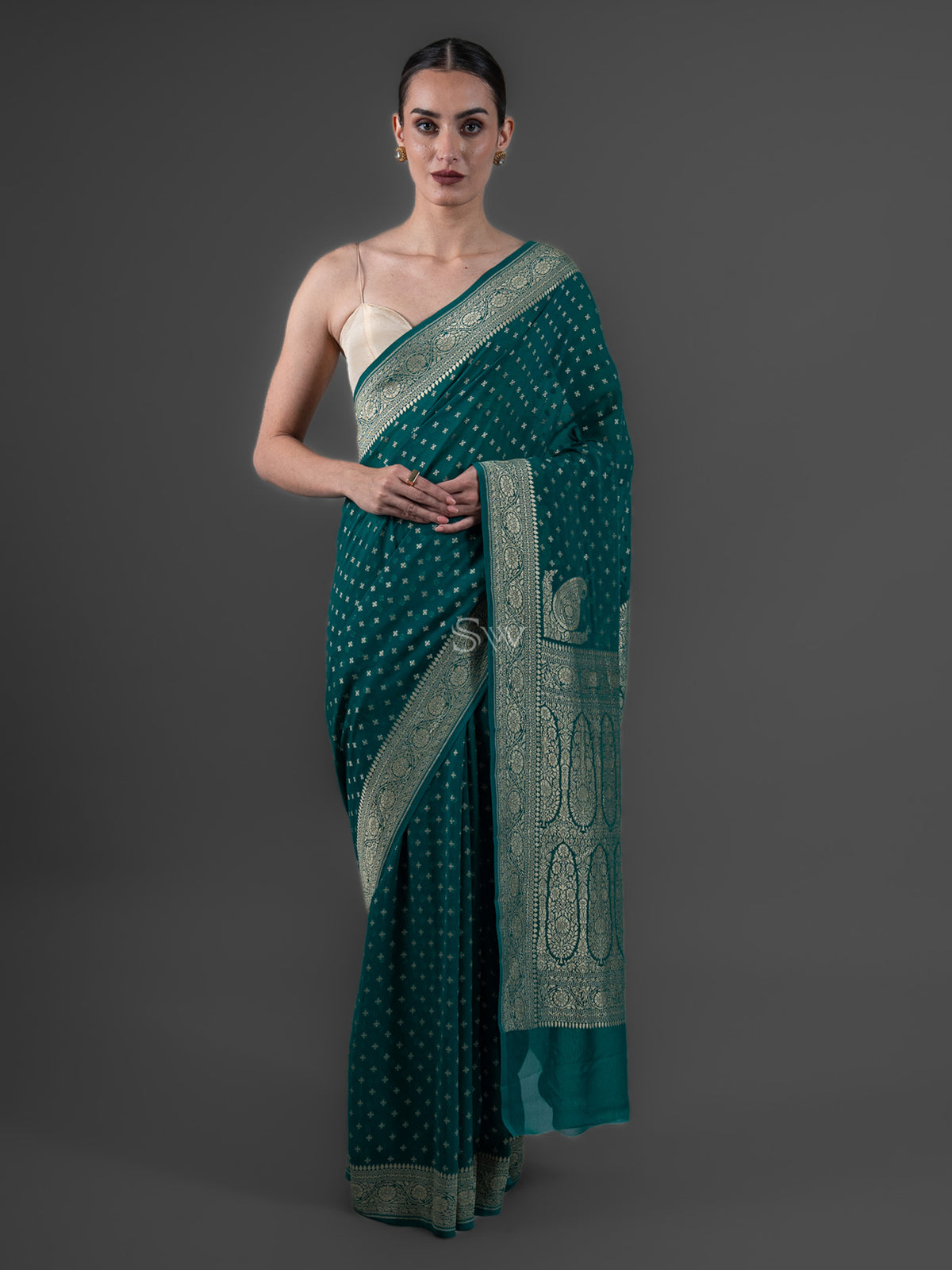 Teal Blue Booti Khaddi Georgette Handloom Banarasi Saree - Sacred Weaves