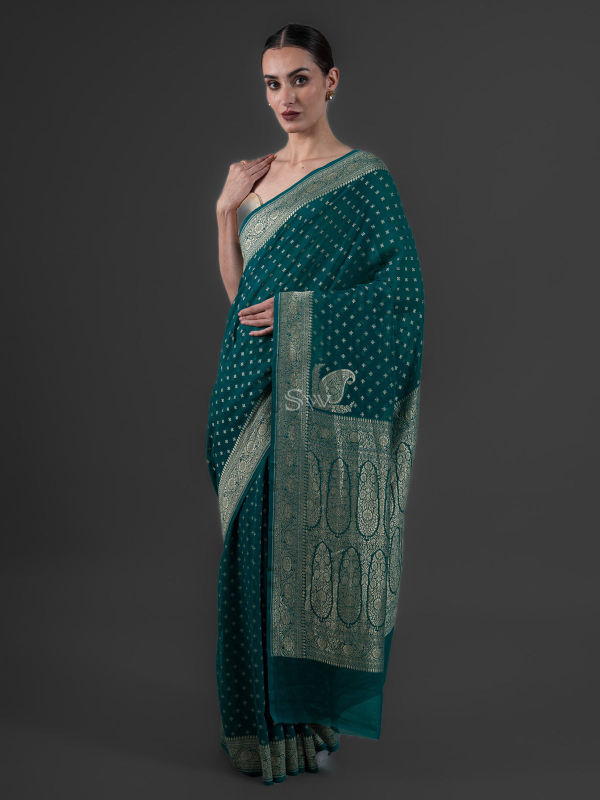 Teal Blue Booti Khaddi Georgette Handloom Banarasi Saree - Sacred Weaves