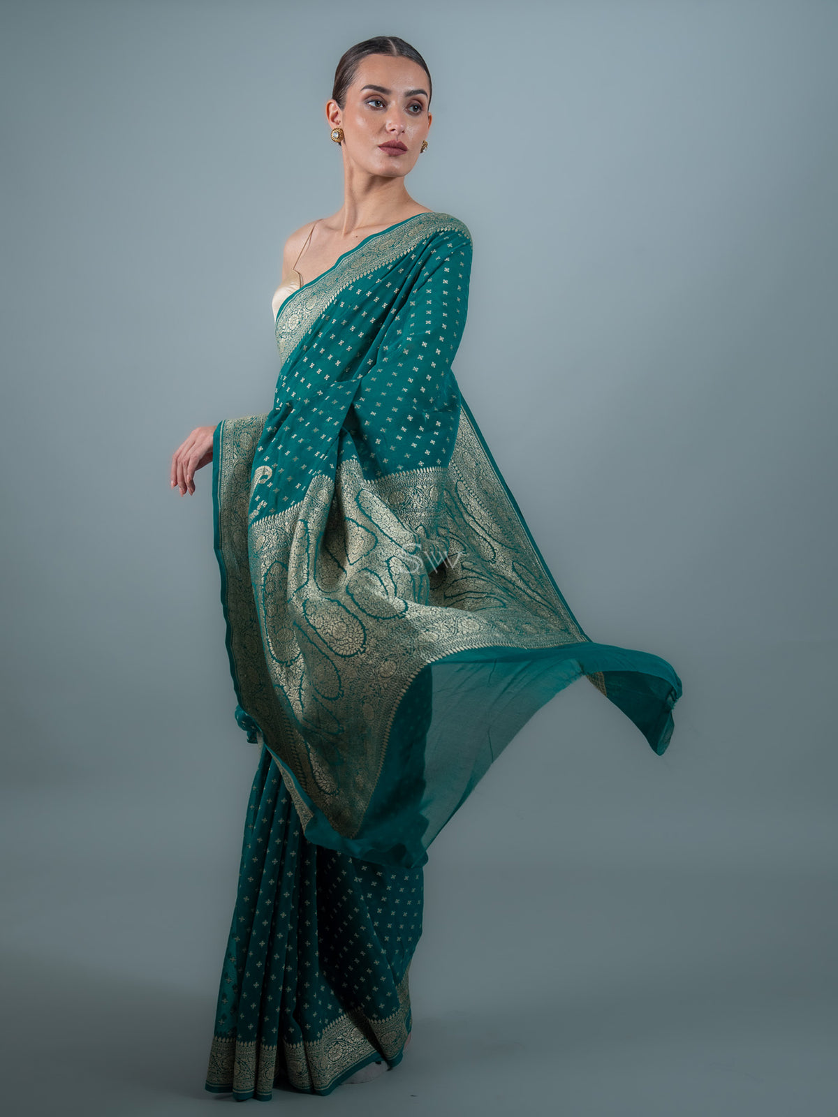 Teal Blue Booti Khaddi Georgette Handloom Banarasi Saree - Sacred Weaves