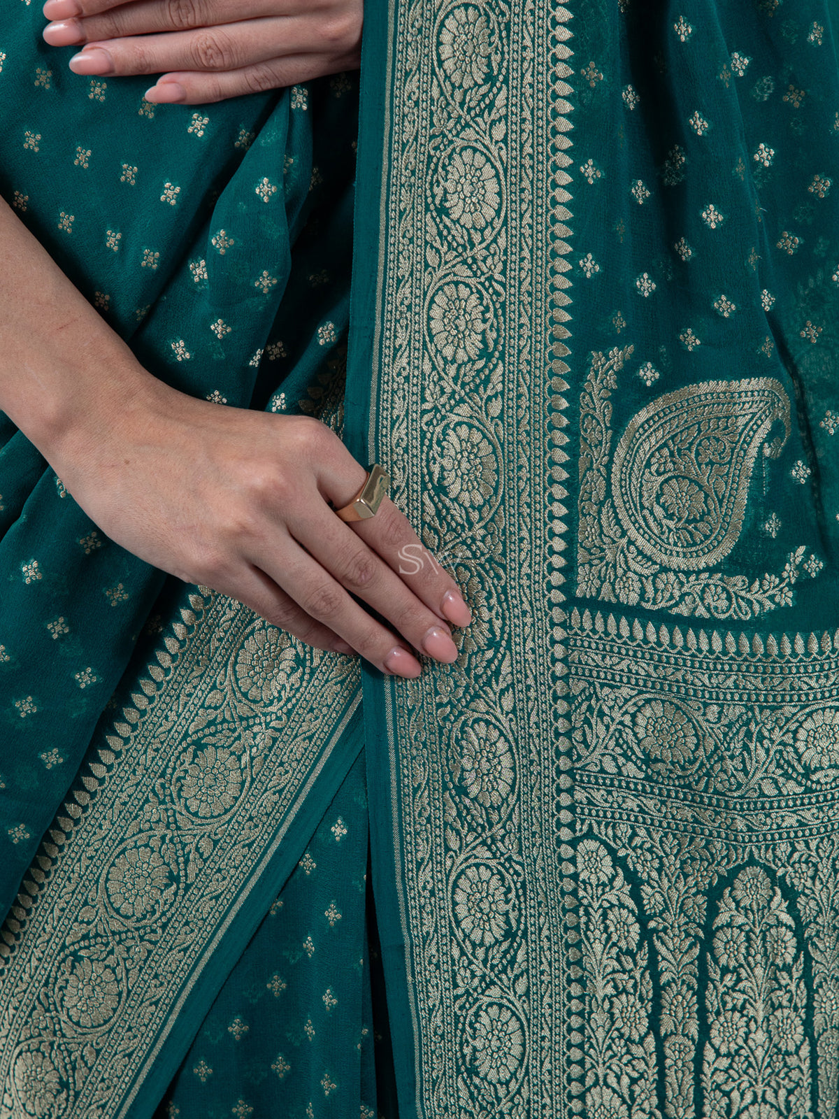 Teal Blue Booti Khaddi Georgette Handloom Banarasi Saree - Sacred Weaves