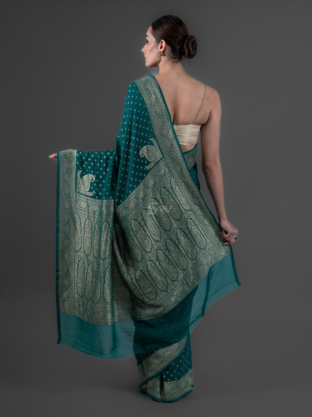 Teal Blue Booti Khaddi Georgette Handloom Banarasi Saree - Sacred Weaves