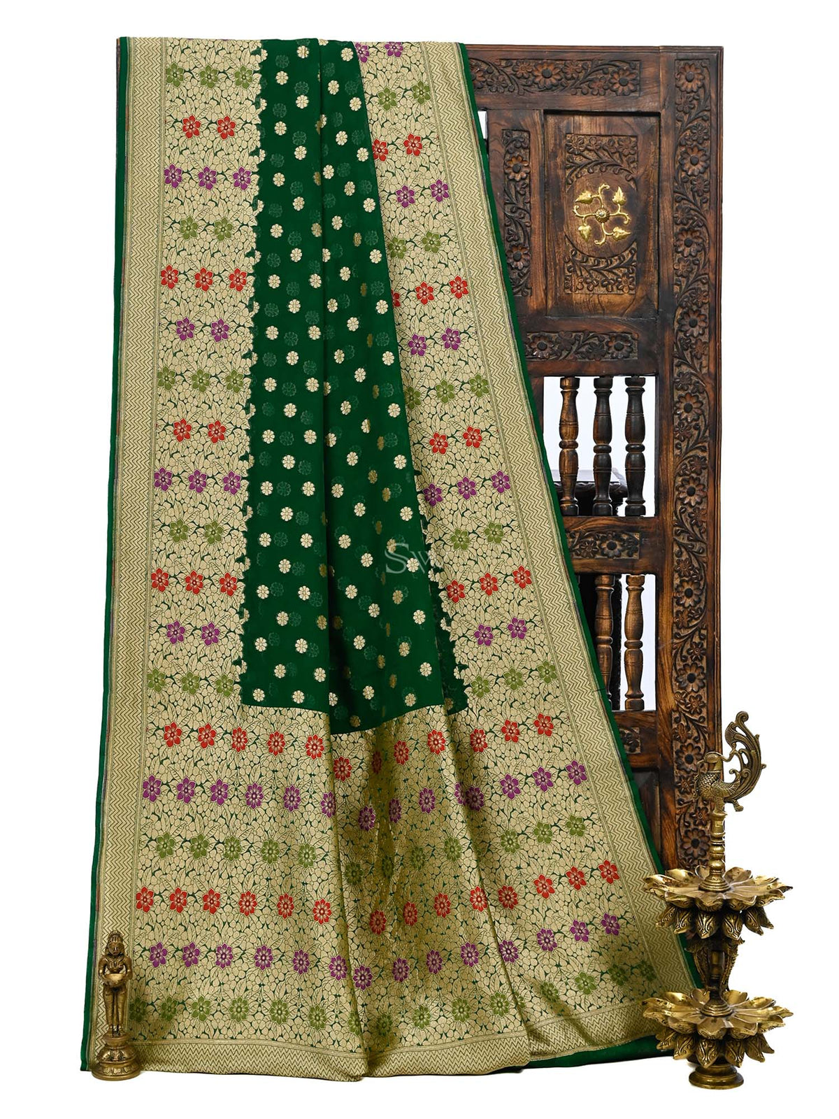 Green Booti Khaddi Georgette Handloom Banarasi Saree