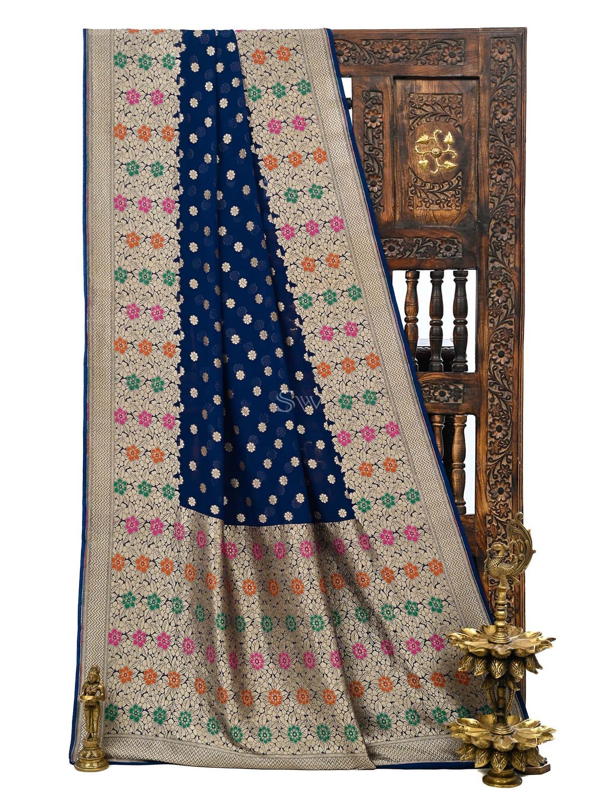 Navy Blue Booti Khaddi Georgette Handloom Banarasi Saree