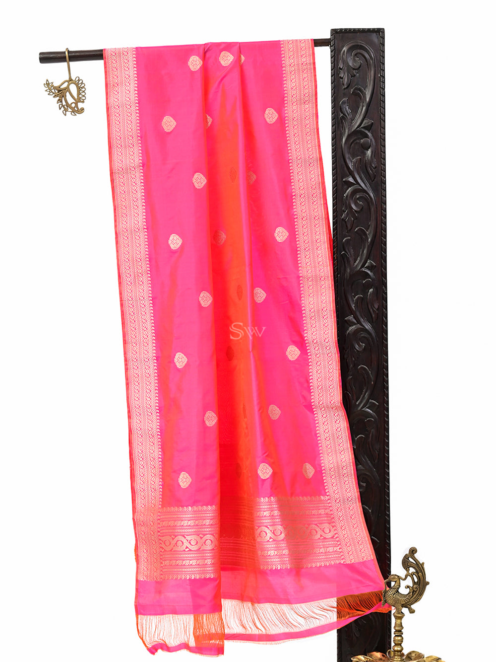 Magenta Orange Booti Katan Silk Handloom Banarasi Dupatta - Sacred Weaves