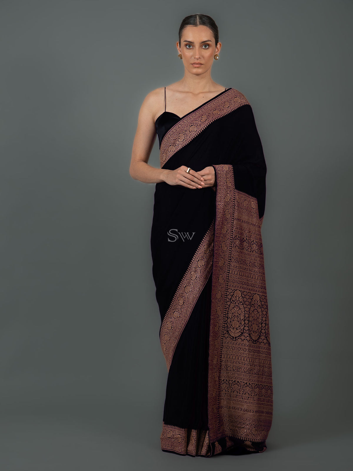 Black Plain Crepe Silk Handloom Banarasi Saree - Sacred Weaves