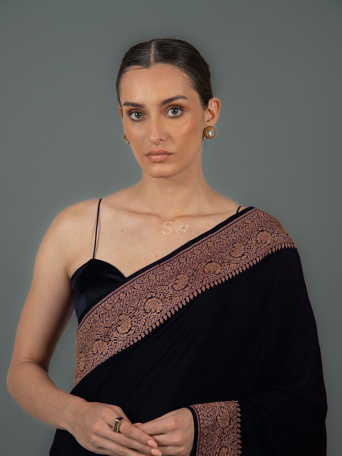 Black Plain Crepe Silk Handloom Banarasi Saree - Sacred Weaves