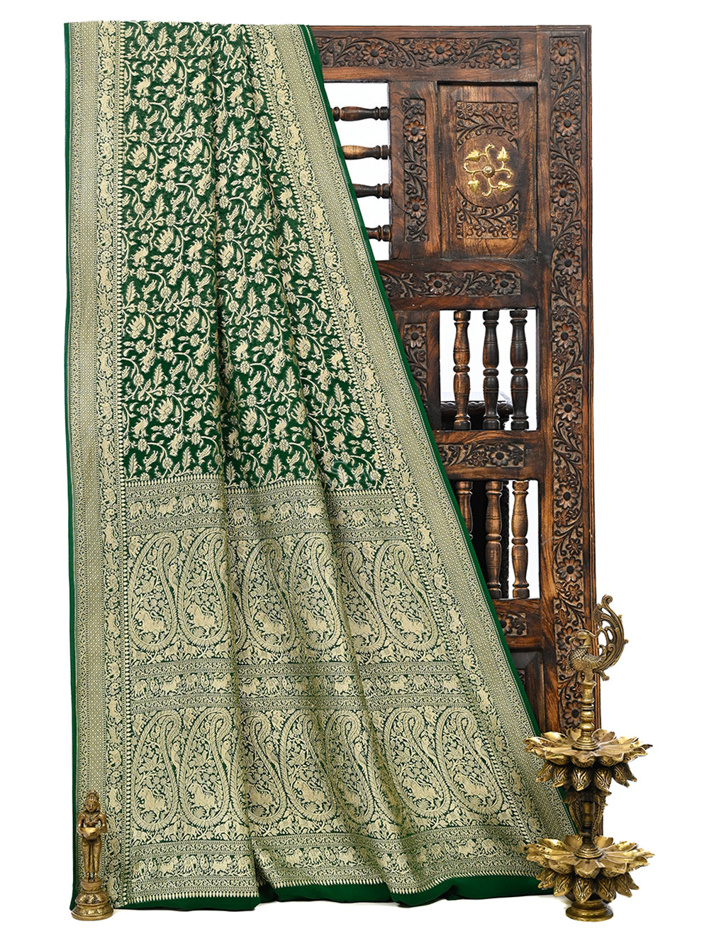 Bottle Green Shikargah Khaddi Georgette Handloom Banarasi Saree - Sacred Weaves