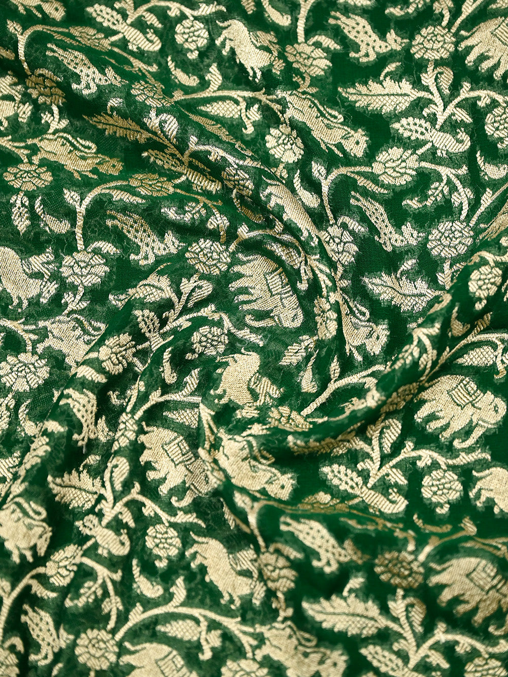 Bottle Green Shikargah Khaddi Georgette Handloom Banarasi Saree - Sacred Weaves