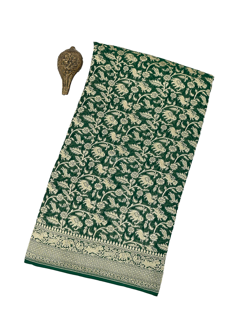 Bottle Green Shikargah Khaddi Georgette Handloom Banarasi Saree