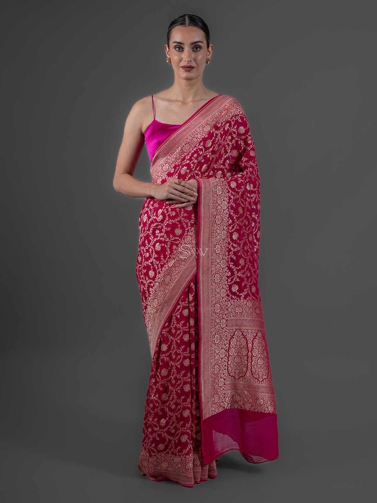 Magenta Jaal Khaddi Georgette Handloom Banarasi Saree - Sacred Weaves