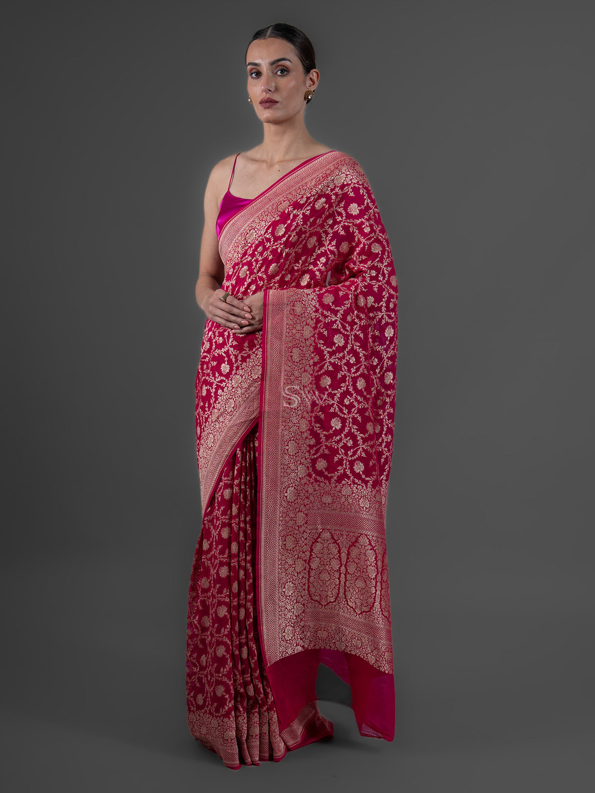 Magenta Jaal Khaddi Georgette Handloom Banarasi Saree - Sacred Weaves