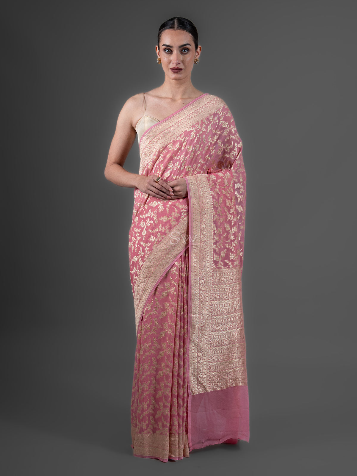 Pastel Pink Jaal Khaddi Georgette Handloom Banarasi Saree - Sacred Weaves