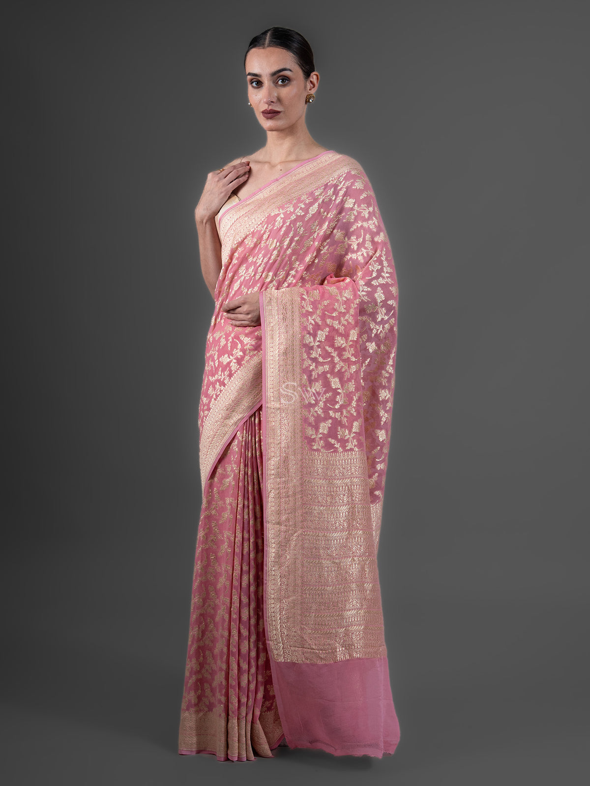 Pastel Pink Jaal Khaddi Georgette Handloom Banarasi Saree - Sacred Weaves