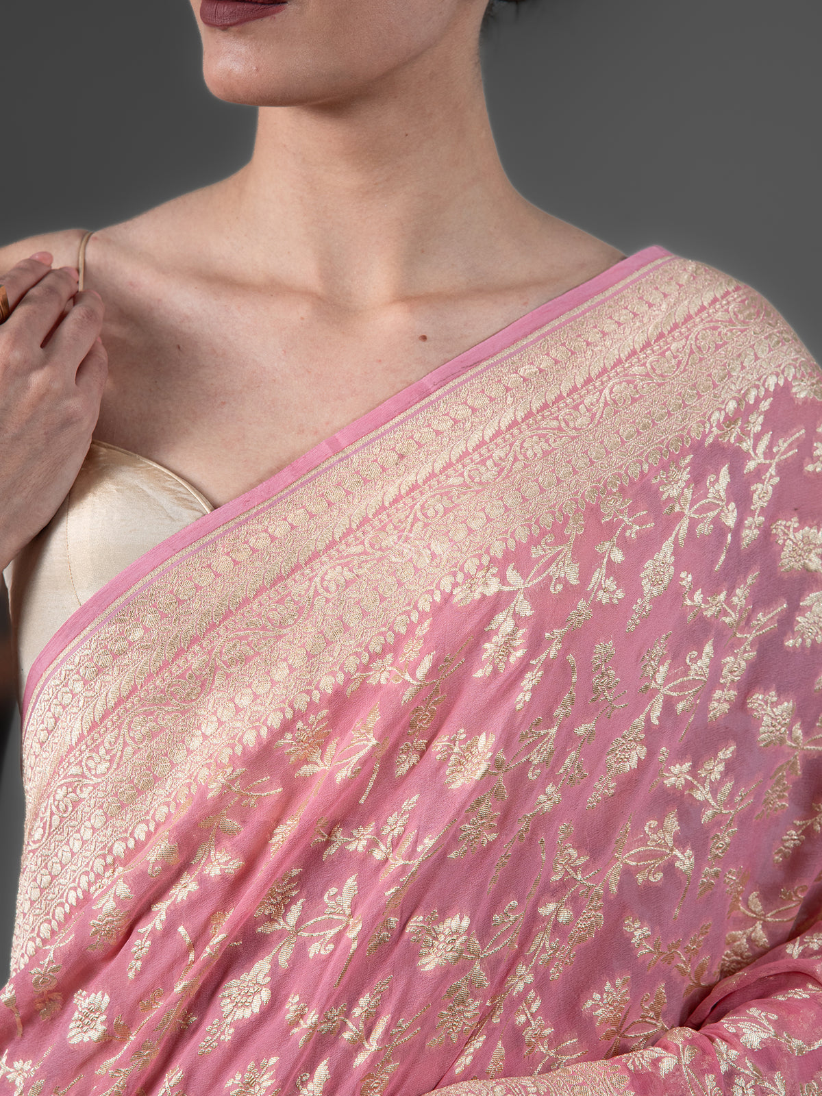 Pastel Pink Jaal Khaddi Georgette Handloom Banarasi Saree - Sacred Weaves