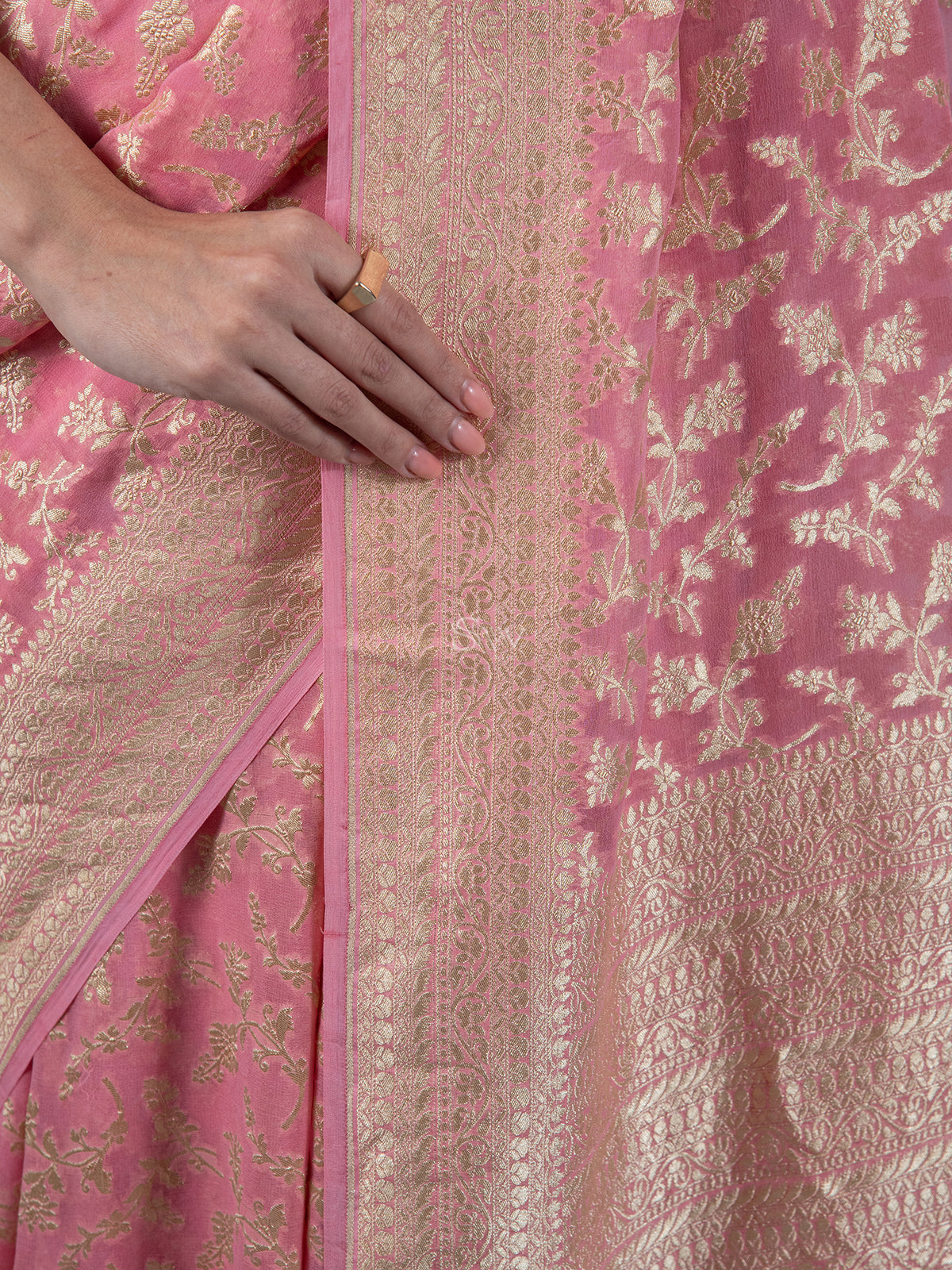 Pastel Pink Jaal Khaddi Georgette Handloom Banarasi Saree - Sacred Weaves