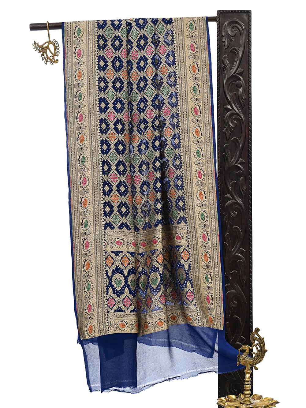 Dark Blue Bandhani Khaddi Georgette Handloom Banarasi Dupatta