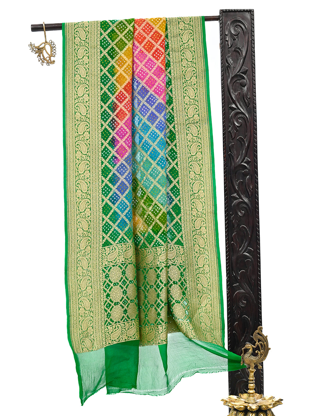 Green Bandhani Khaddi Georgette Handloom Banarasi Dupatta - Sacred Weaves