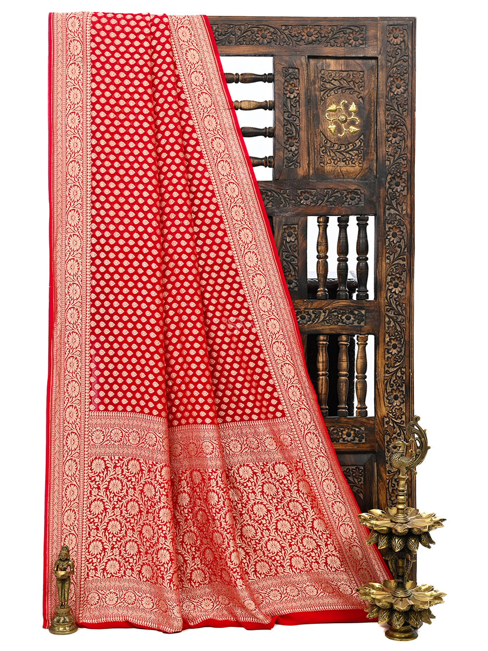 Red Booti Khaddi Georgette Handloom Banarasi Saree - Sacred Weaves