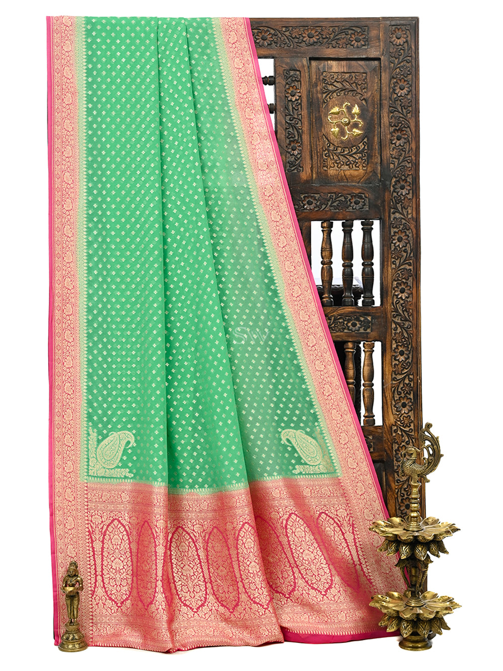 Pastel Green Konia Khaddi Georgette Handloom Banarasi Saree - Sacred Weaves