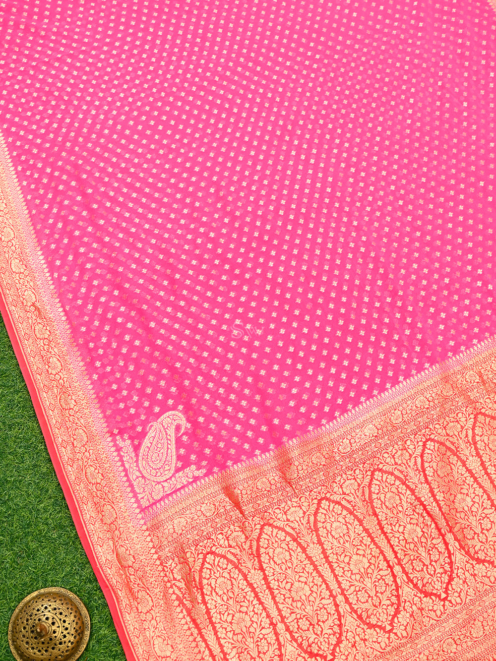 Bright Pink Konia Khaddi Georgette Handloom Banarasi Saree - Sacred Weaves