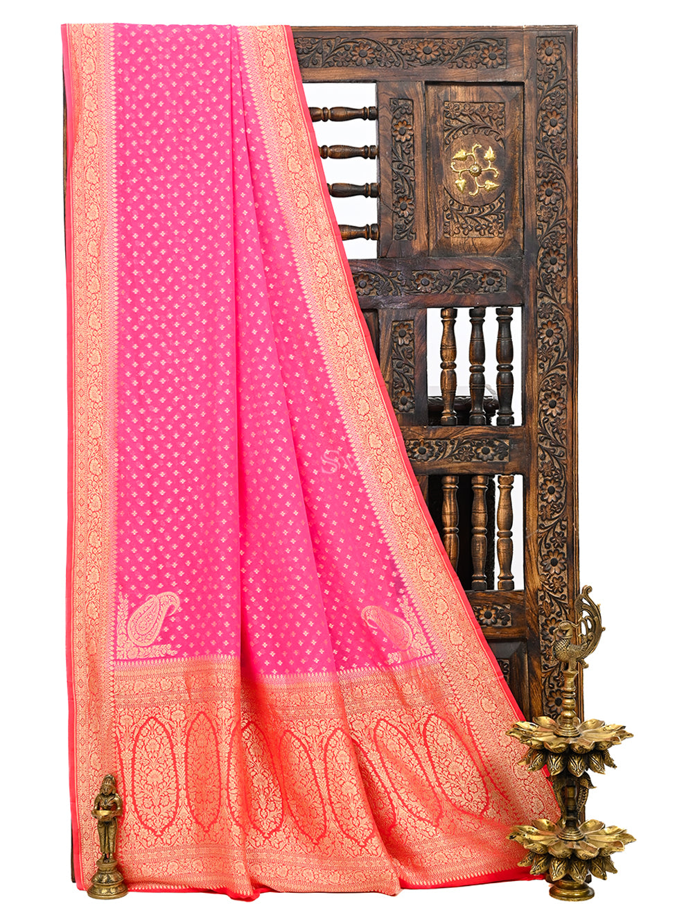 Bright Pink Konia Khaddi Georgette Handloom Banarasi Saree - Sacred Weaves