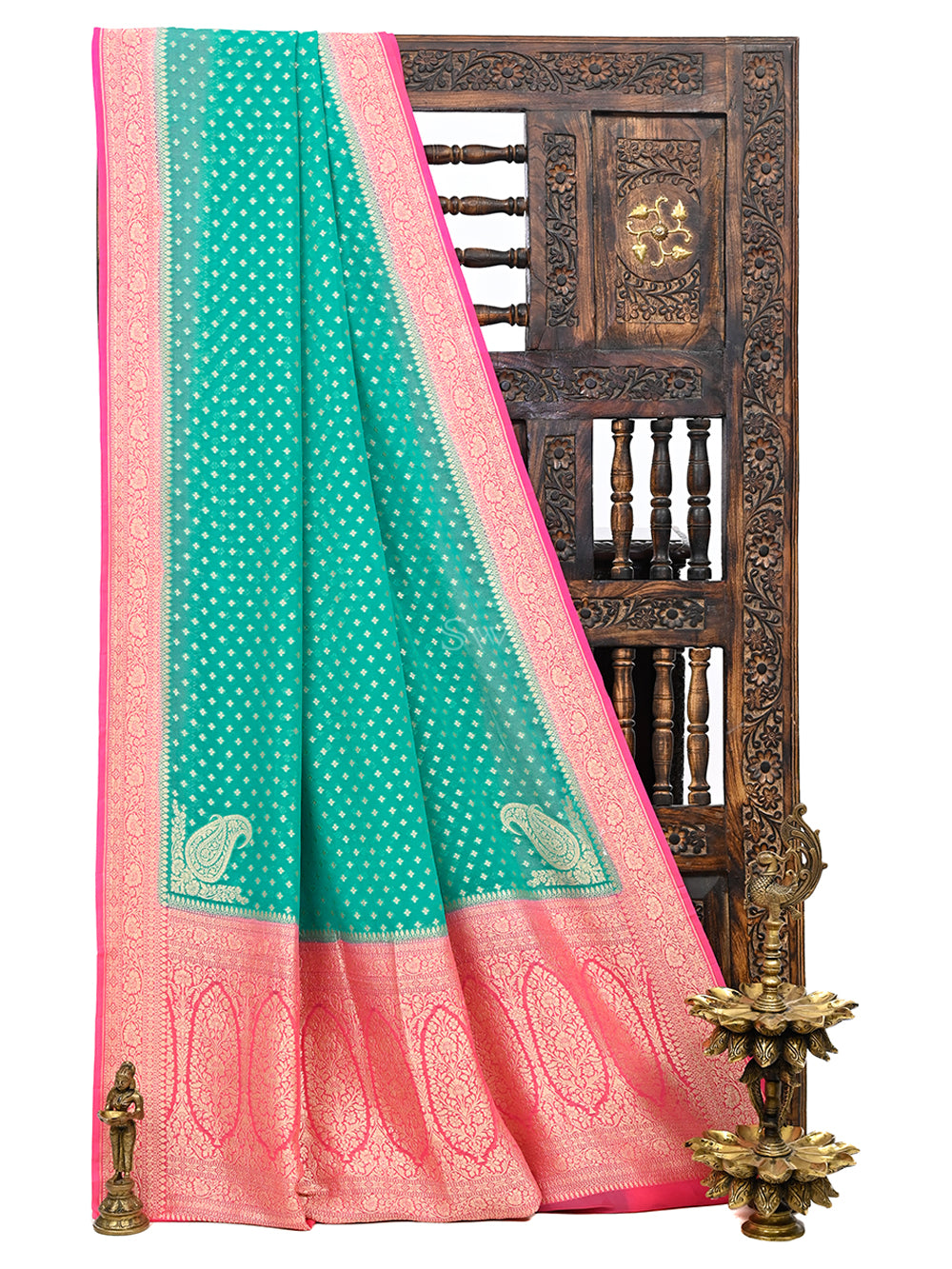 Aqua Green Konia Khaddi Georgette Handloom Banarasi Saree - Sacred Weaves