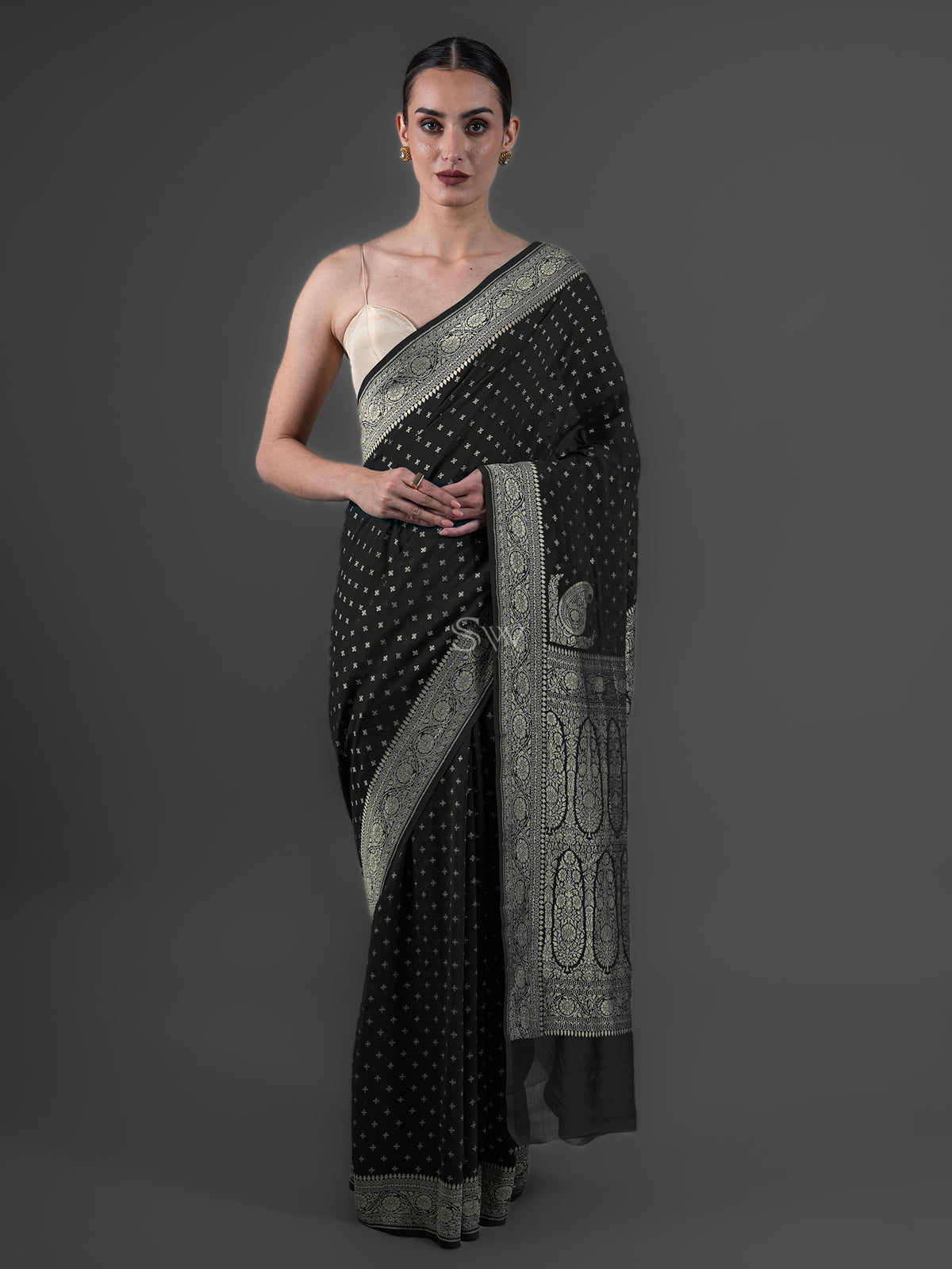 Black Booti Khaddi Georgette Handloom Banarasi Saree - Sacred Weaves