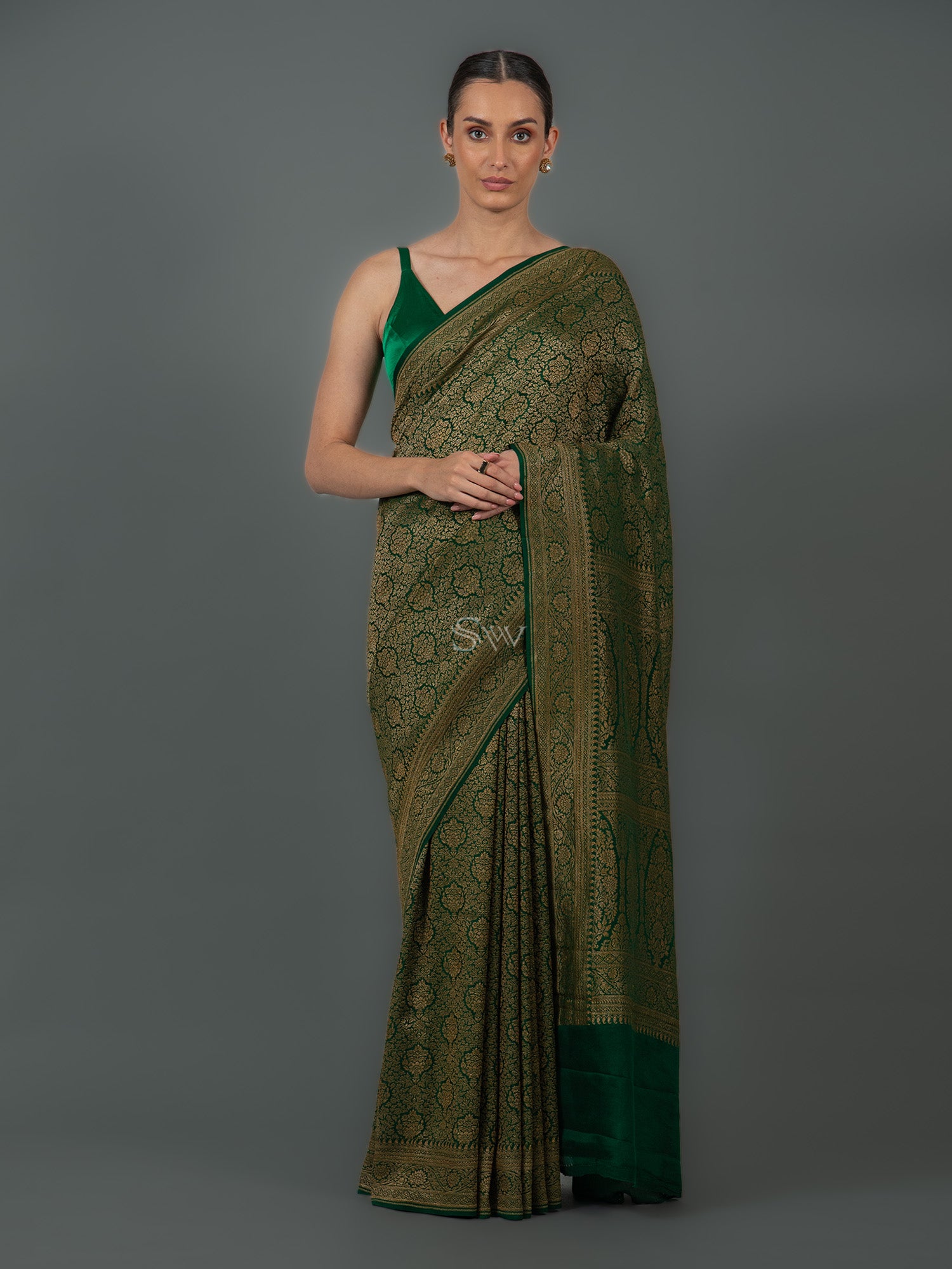 Bottle Green Jaal Crepe Silk Handloom Banarasi Saree - Sacred Weaves