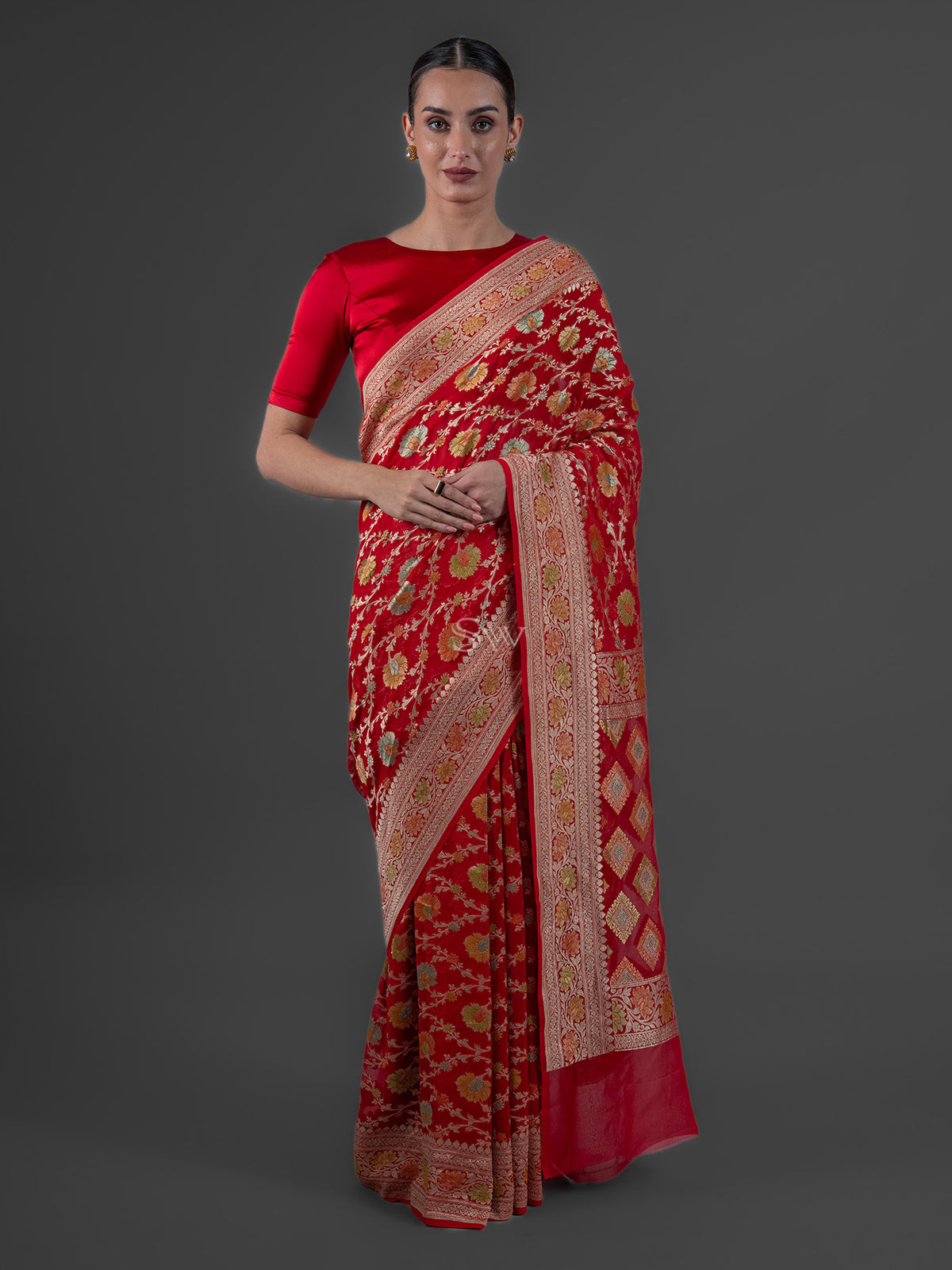 Red Rangkat Jaal Khaddi Georgette Handloom Banarasi Saree