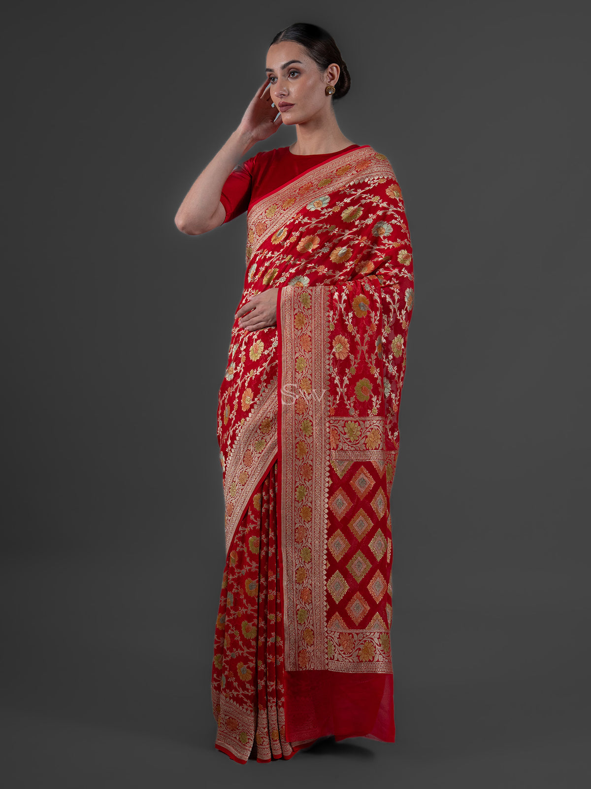 Red Rangkat Jaal Khaddi Georgette Handloom Banarasi Saree