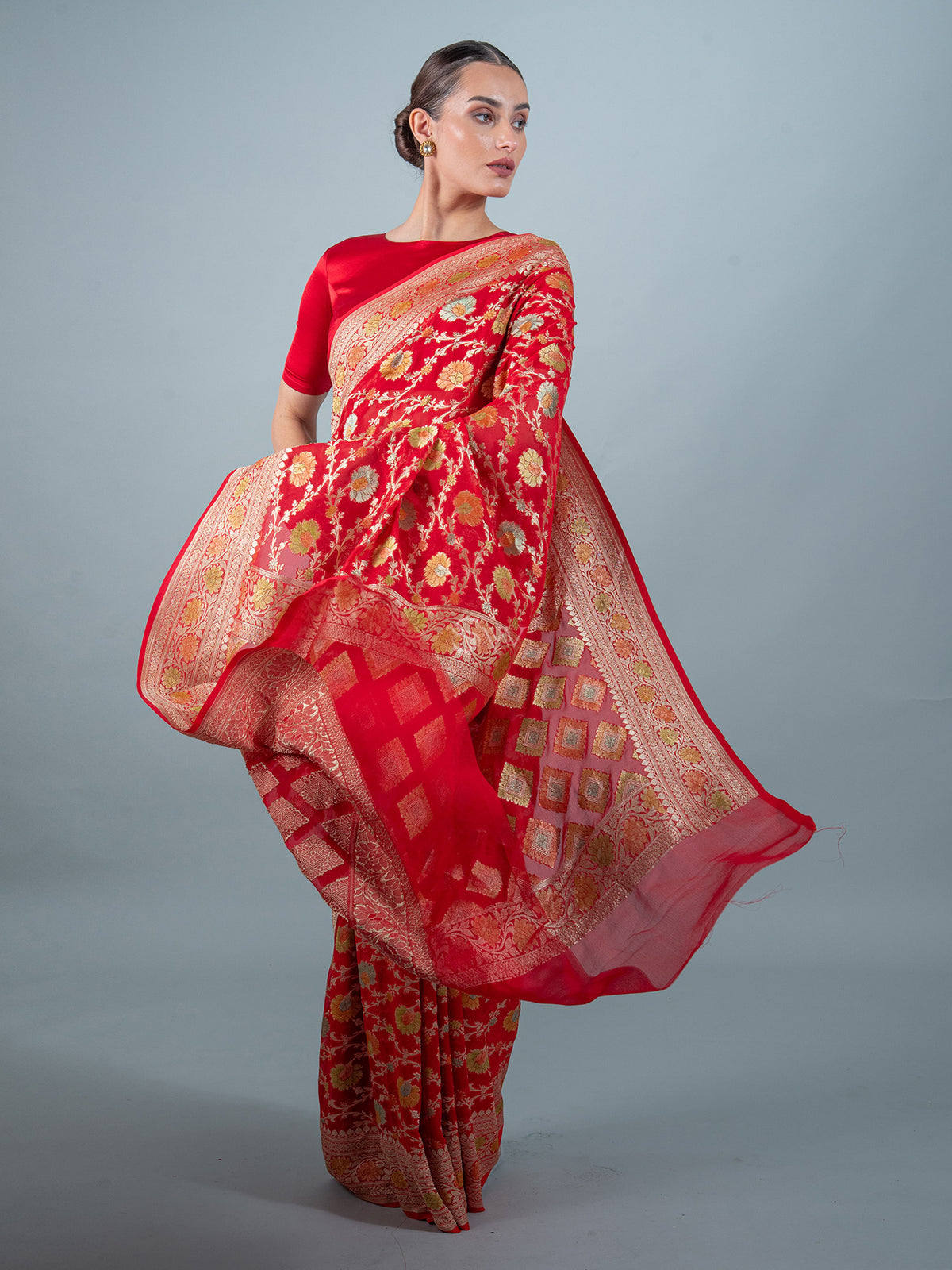 Red Rangkat Jaal Khaddi Georgette Handloom Banarasi Saree