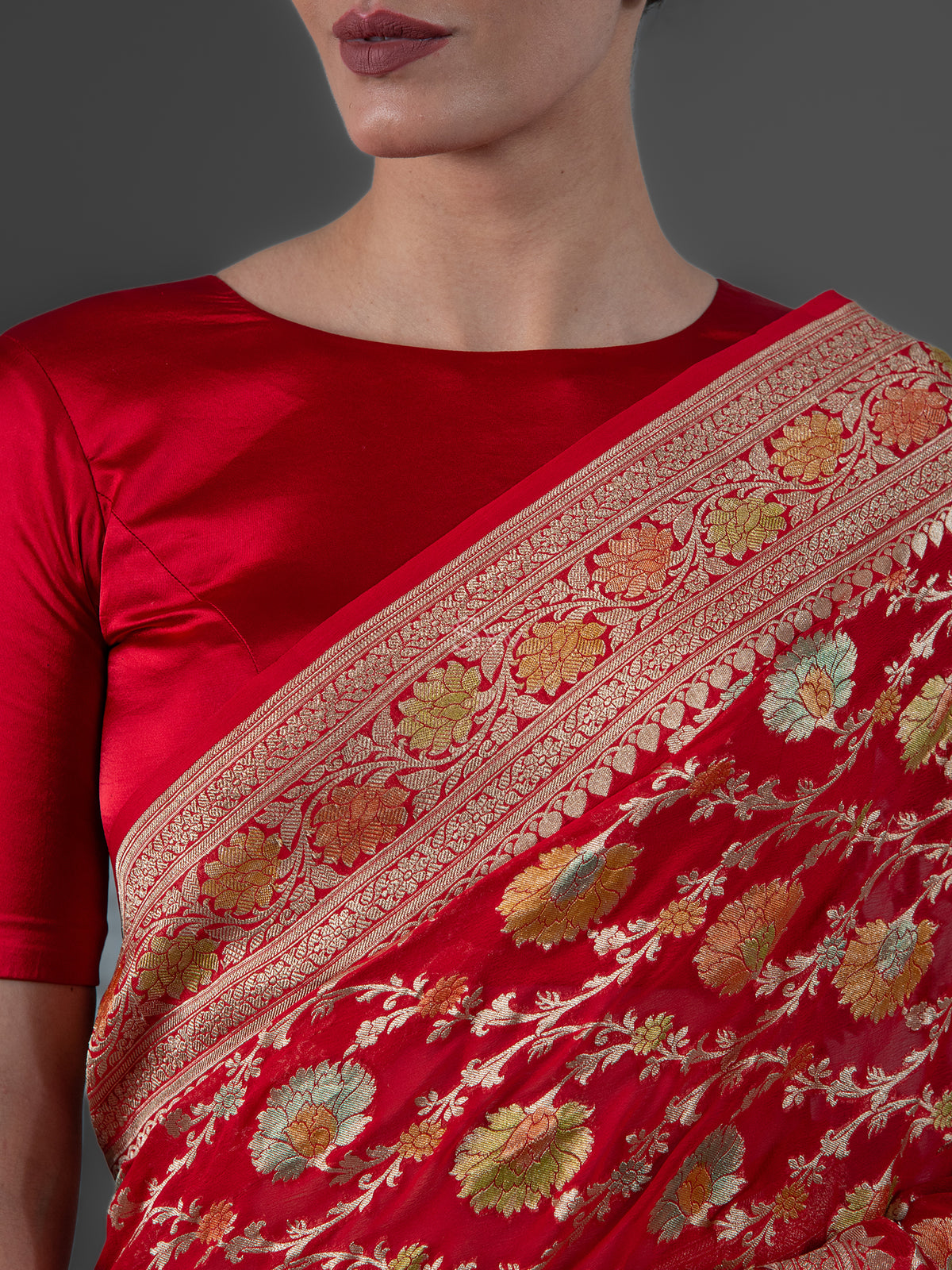 Red Rangkat Jaal Khaddi Georgette Handloom Banarasi Saree