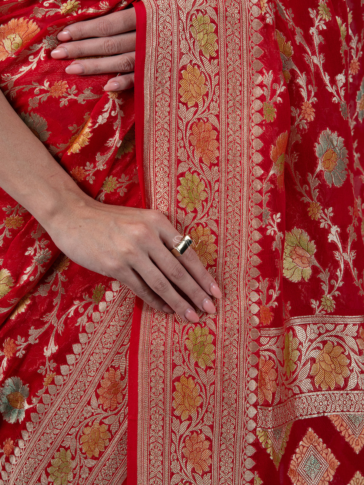 Red Rangkat Jaal Khaddi Georgette Handloom Banarasi Saree