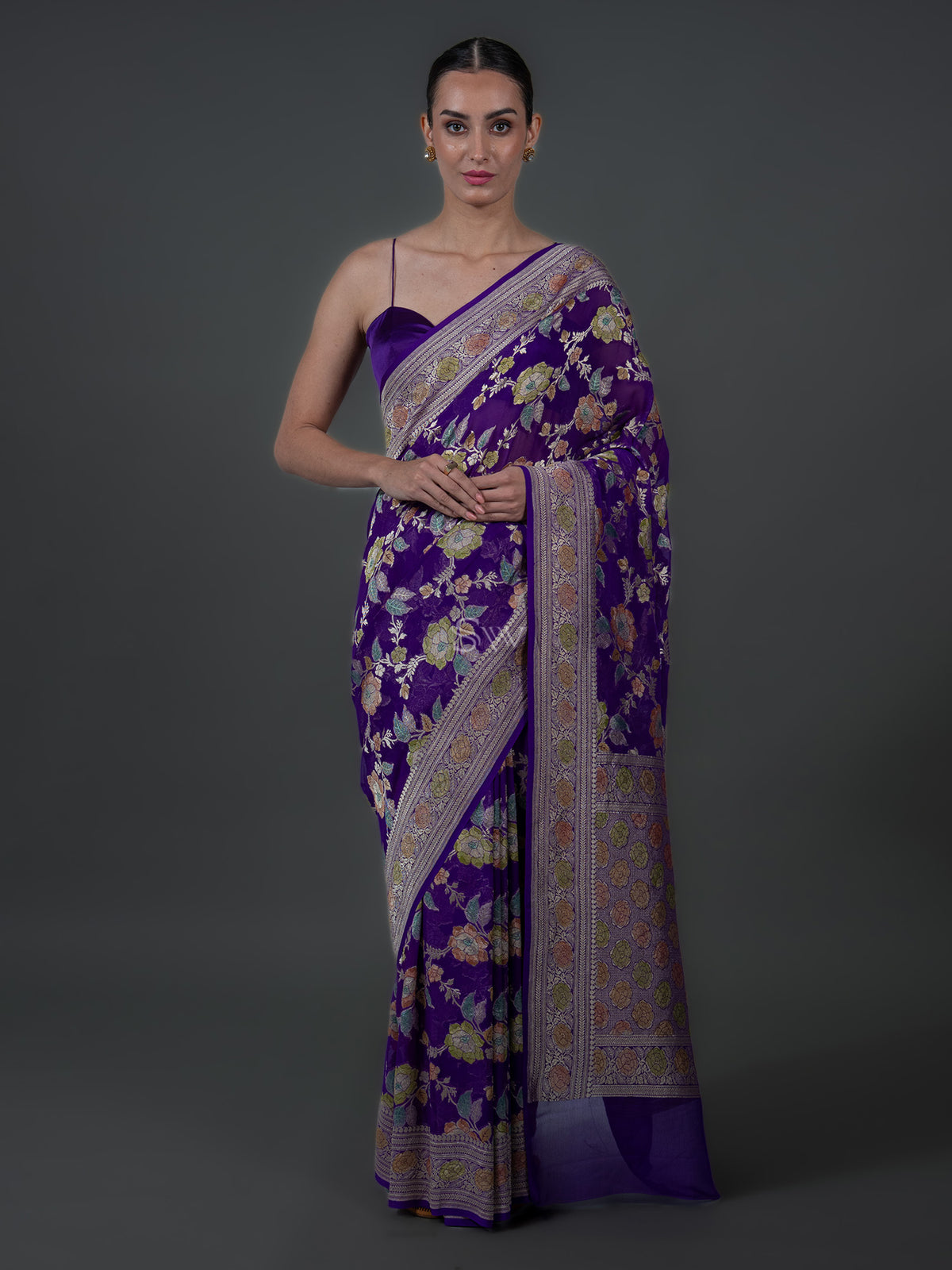 Violet Rangkat Jaal Khaddi Georgette Handloom Banarasi Saree