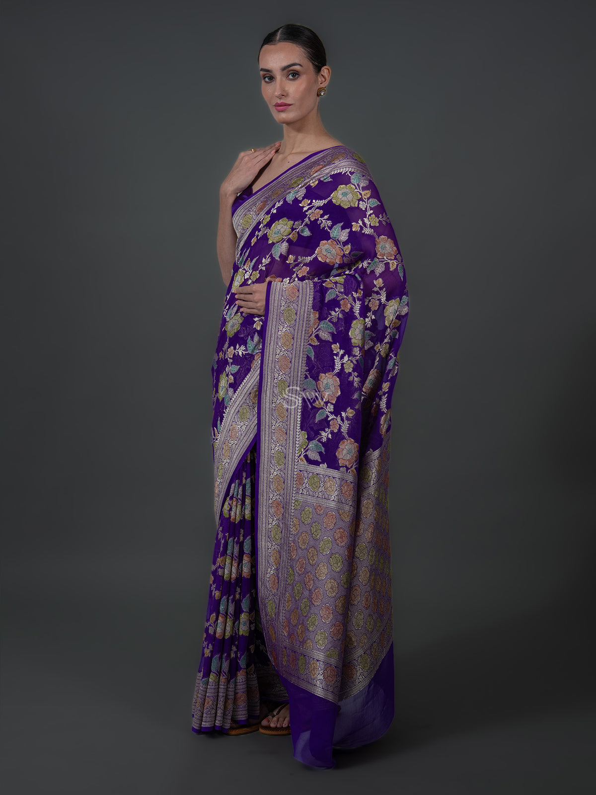 Violet Rangkat Jaal Khaddi Georgette Handloom Banarasi Saree