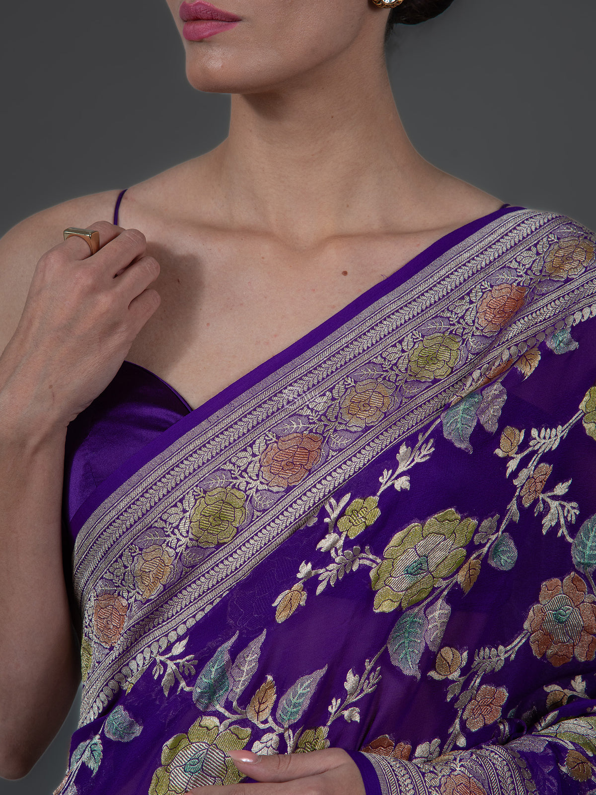 Violet Rangkat Jaal Khaddi Georgette Handloom Banarasi Saree