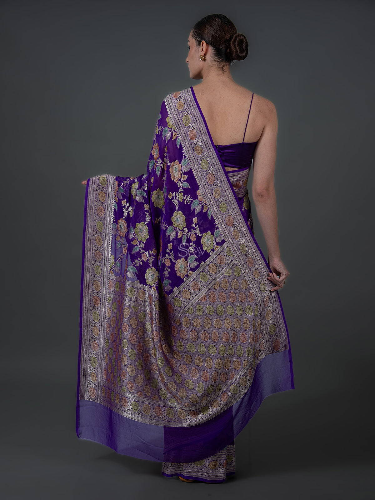 Violet Rangkat Jaal Khaddi Georgette Handloom Banarasi Saree