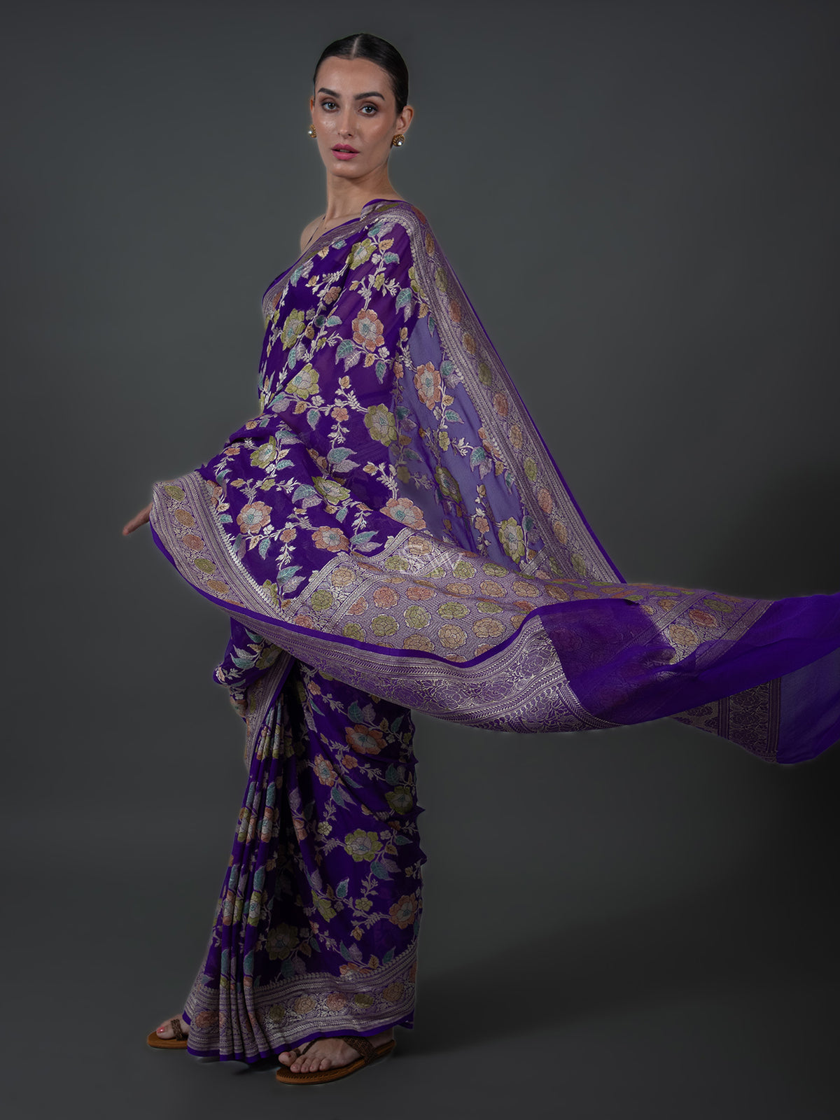 Violet Rangkat Jaal Khaddi Georgette Handloom Banarasi Saree