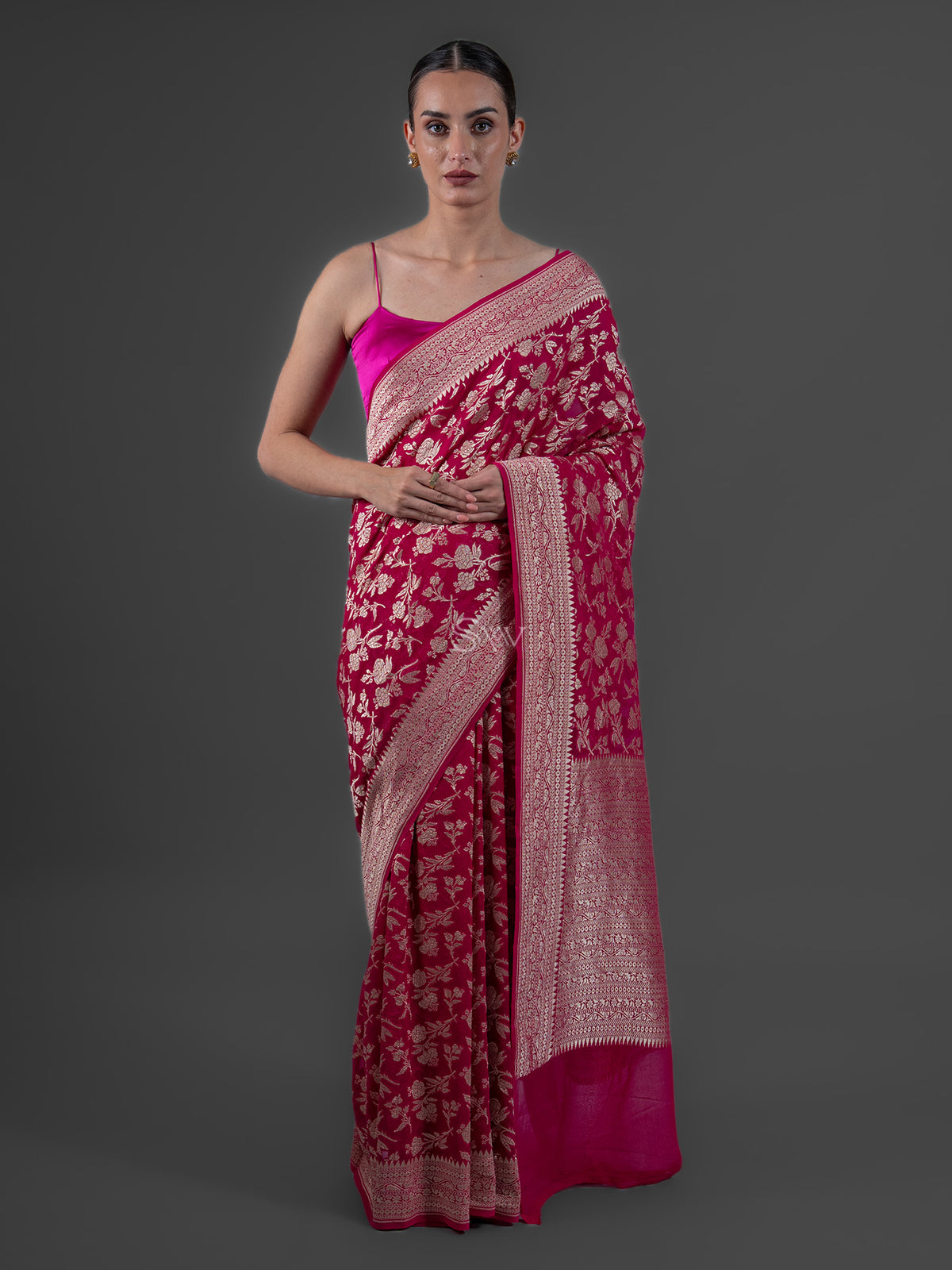 Magenta Jaal Khaddi Georgette Handloom Banarasi Saree - Sacred Weaves