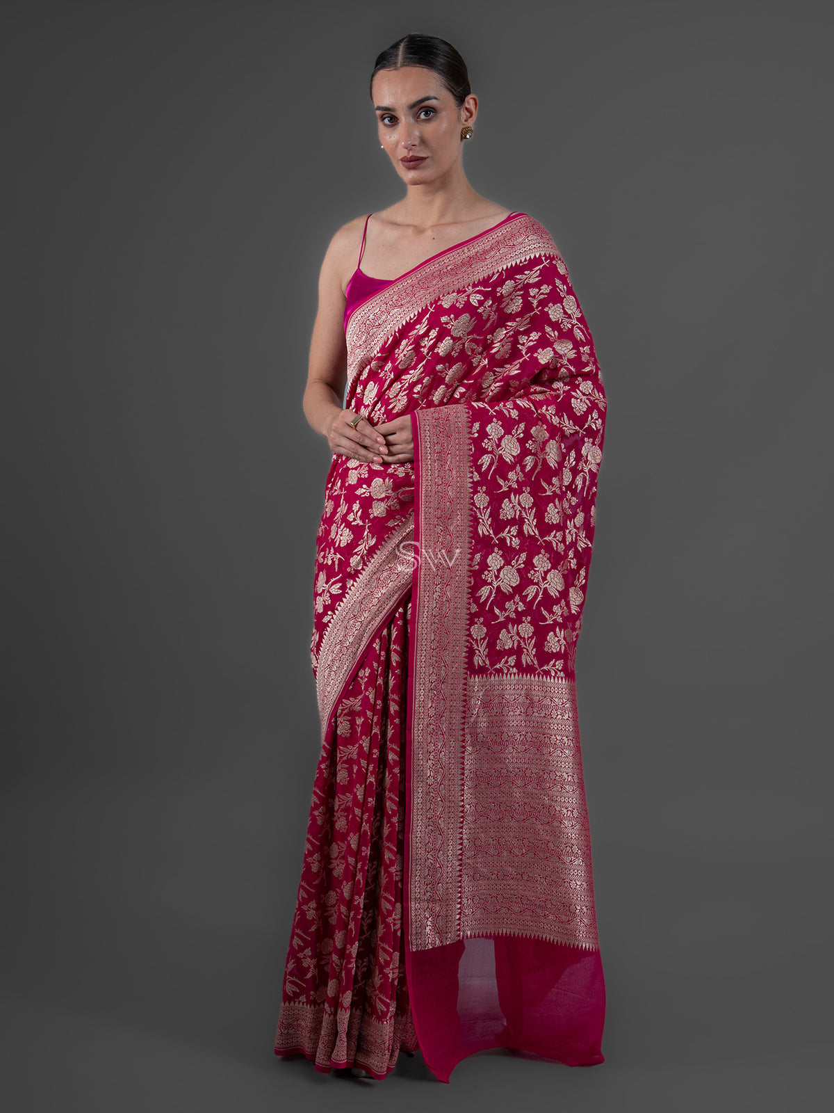 Magenta Jaal Khaddi Georgette Handloom Banarasi Saree - Sacred Weaves