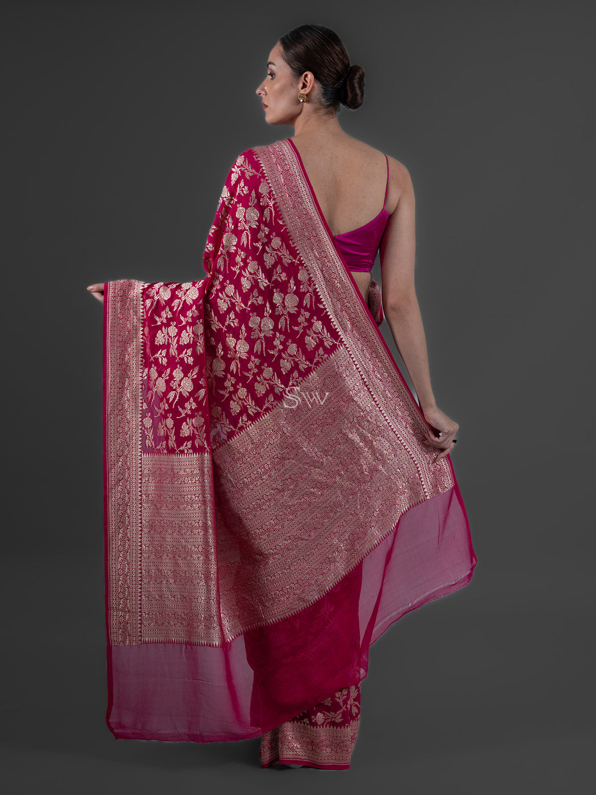 Magenta Jaal Khaddi Georgette Handloom Banarasi Saree - Sacred Weaves