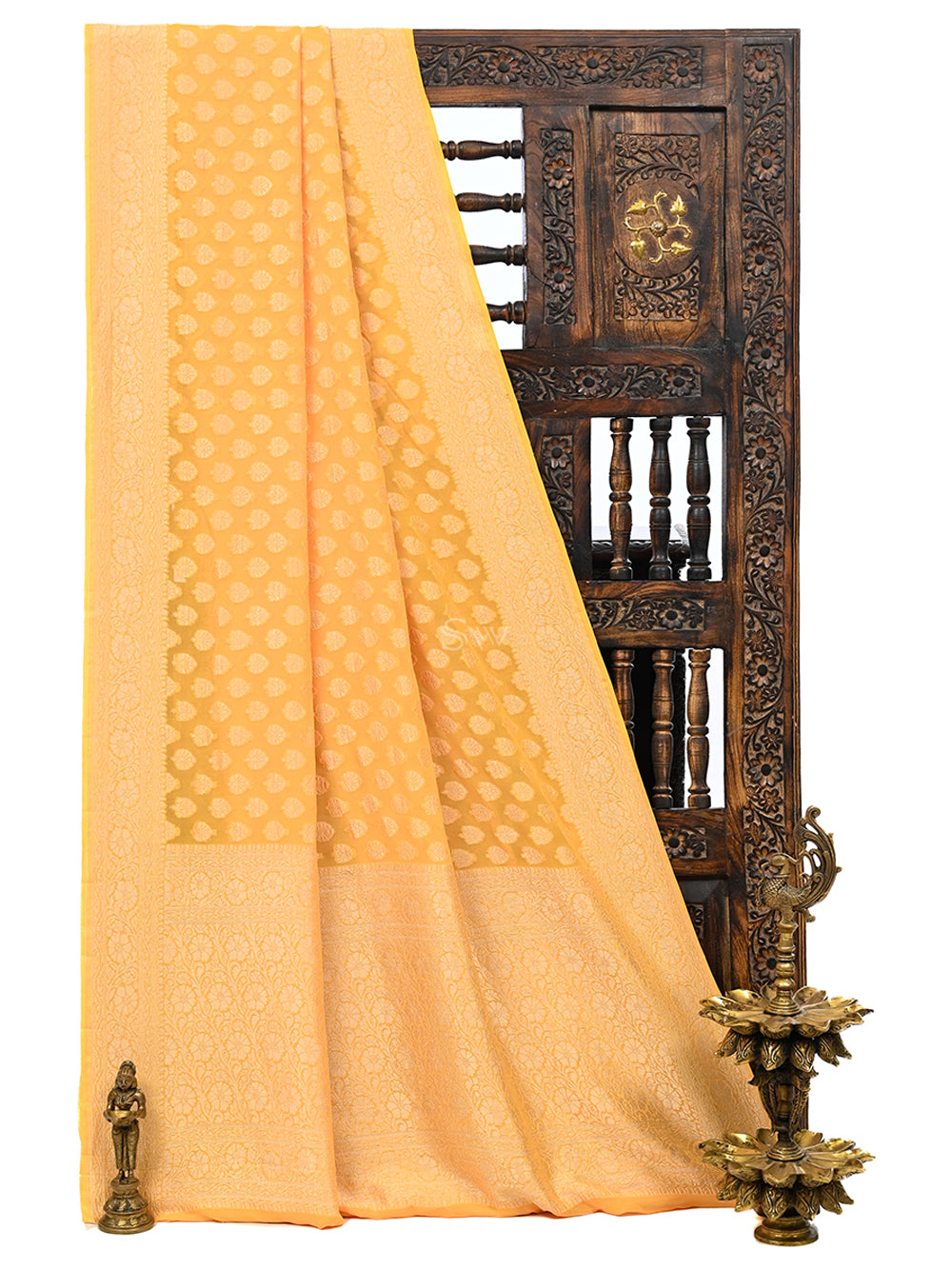 Yellow Booti Khaddi Georgette Handloom Banarasi Saree - Sacred Weaves