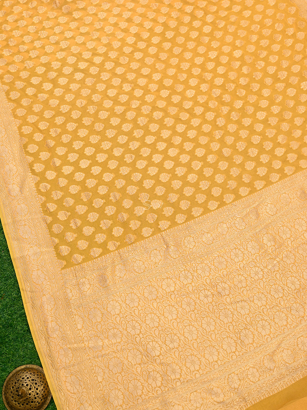 Yellow Booti Khaddi Georgette Handloom Banarasi Saree - Sacred Weaves