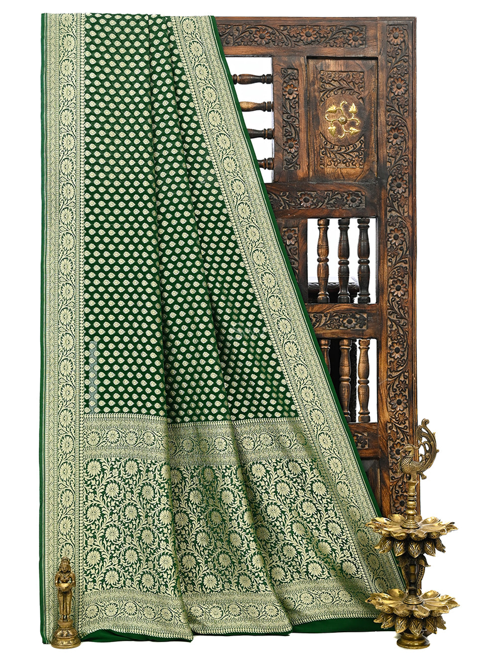 Bottle Green Booti Khaddi Georgette Handloom Banarasi Saree - Sacred Weaves