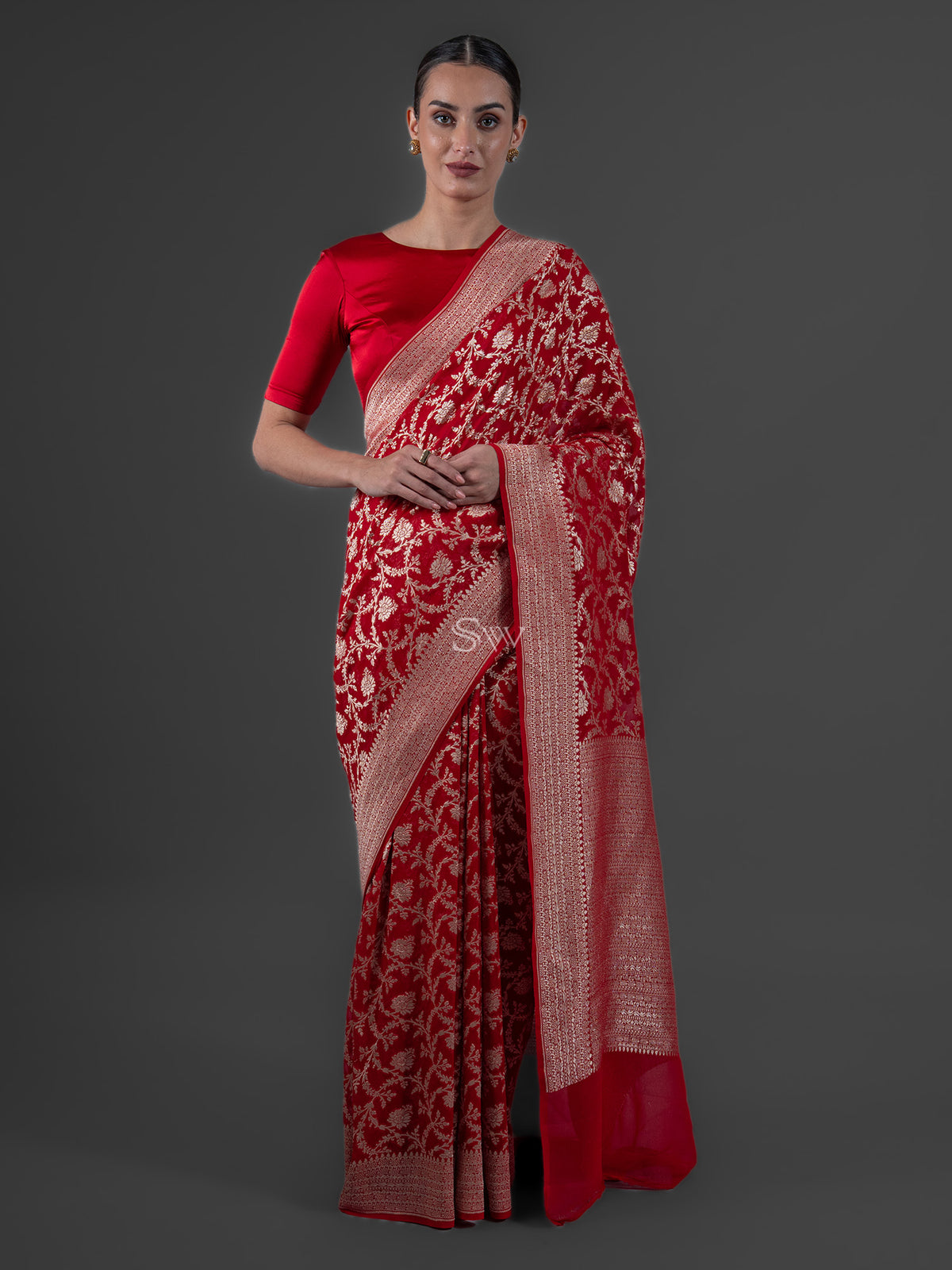 Red Jaal Khaddi Georgette Handloom Banarasi Saree - Sacred Weaves